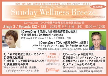 《医師・歯科医師・薬剤師向け》 無料オンラインセミナー9/3(日)朝10時開催　 『DermaDrop TDA非侵襲・ 非接触美容施術器の医療分野への展開』 講師：Dr. Friedrich Von Hahn (Meddrop BioMedical Technologies GmbH／CEO)、 中山 晴美先生(医療法人美登会はるみクリニック／理事長・院長)