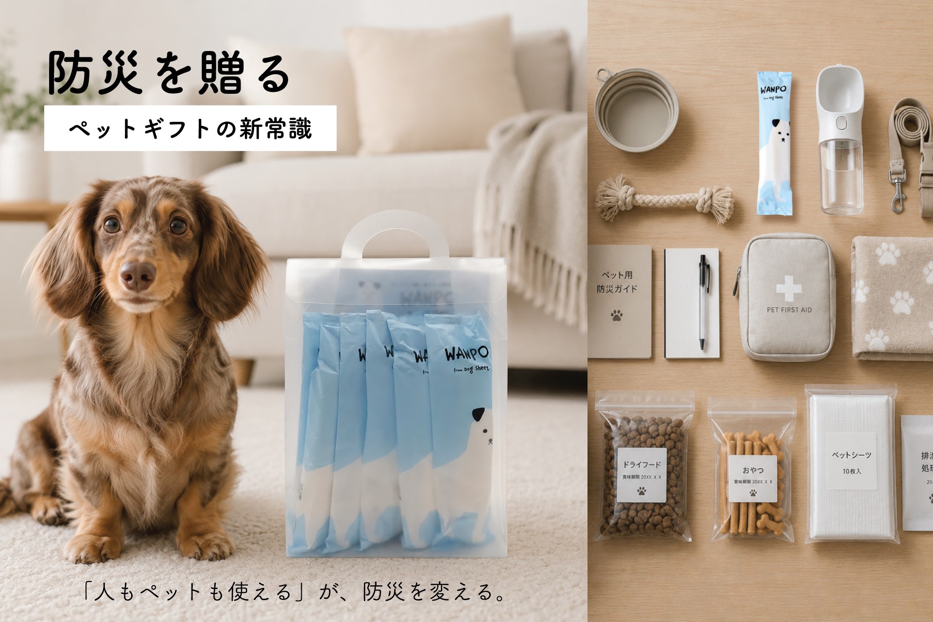 【2026年最新ペット防災調査】
81%が愛犬の防災対策の必要性を実感。
人もペットも使える紙おしぼり「WANPO」から防災ギフトが誕生