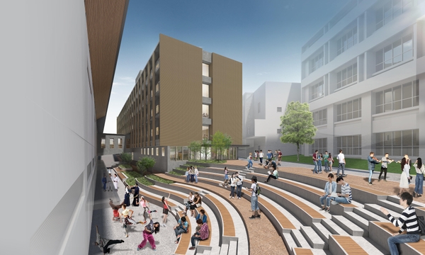 クラブハウス棟(奥)とアスレチックガーデン(手前)の完成イメージ