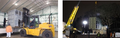 左から、空港上屋での搬出(提供:札幌国際エアカーゴターミナル株式会社)、夜間のゾウ舎搬入(提供:札幌市円山動物園)