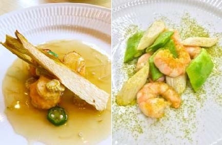 マコモタケを使用したアラカルト料理の一例(左)海老すり身のはさみ揚げ、(右)海老の炒めもの