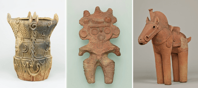 左:深鉢形土器(縄文時代〔中期〕・前3000~前2000年、長野県伊那市宮ノ前出土)、中央:みみずく土偶(縄文時代〔晩期〕・前1000~前400年、埼玉県鴻巣市滝馬室出土)、右:埴輪 馬(古墳時代・6世紀、群馬県伊勢崎市下触町出土)※いずれも東京国立博物館所蔵