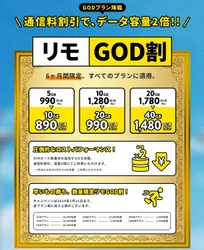 格安SIMブランド「REMOモバイル」が通信料は割引で 通信容量が2倍になる「リモGOD割プラン」を 7月13日より提供開始