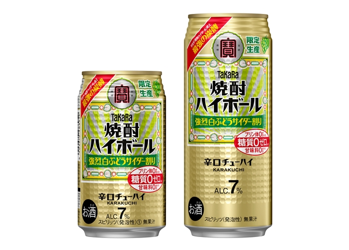 左から、タカラ「焼酎ハイボール」＜強烈白ぶどうサイダー割り＞350ml、500ml