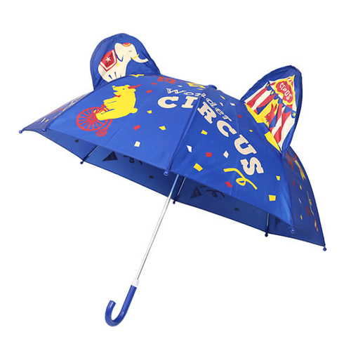 「キッズ傘 サーカス」価格：869円／サイズ：親骨の長さ46cm／動物たちのサーカスデザインのキッズ傘です。傘を開くとテントやゾウが飛び出します。