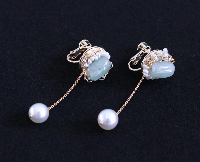 宇和島真珠&糸魚川翡翠イヤリング