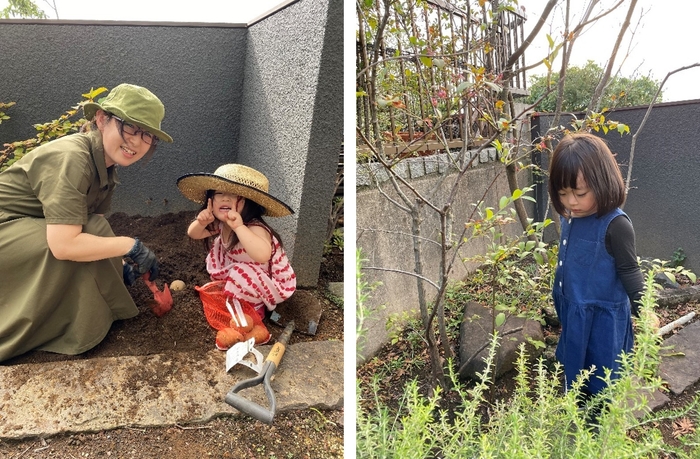 左：親子でジャガイモの植え付けをする様子　右：秋の庭を散策する様子