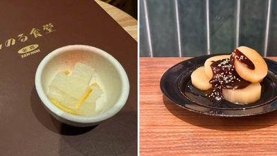 （左から）夏だいこんのお漬物 定食小鉢で提供 （みのる食堂金沢フォーラス）／夏だいこんの冷やしふろふき大根 ビュッフェコーナーで提供 （みのるダイニング名古屋）