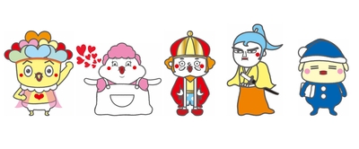 左から、セロトニン先生、オキシトシン母さん、ドーパミン王、ノルアドレナリン殿、メラトニンくん
