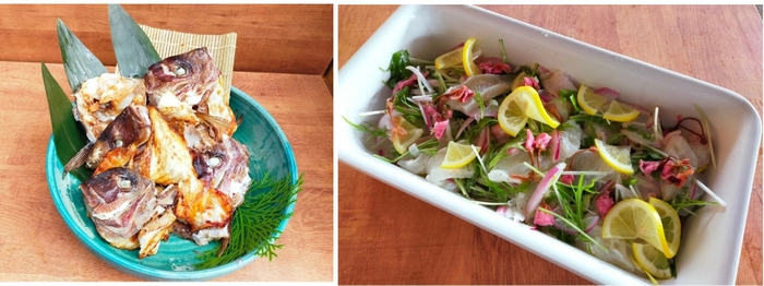 左)桜鯛カマの塩焼き/右)桜鯛のマリネ