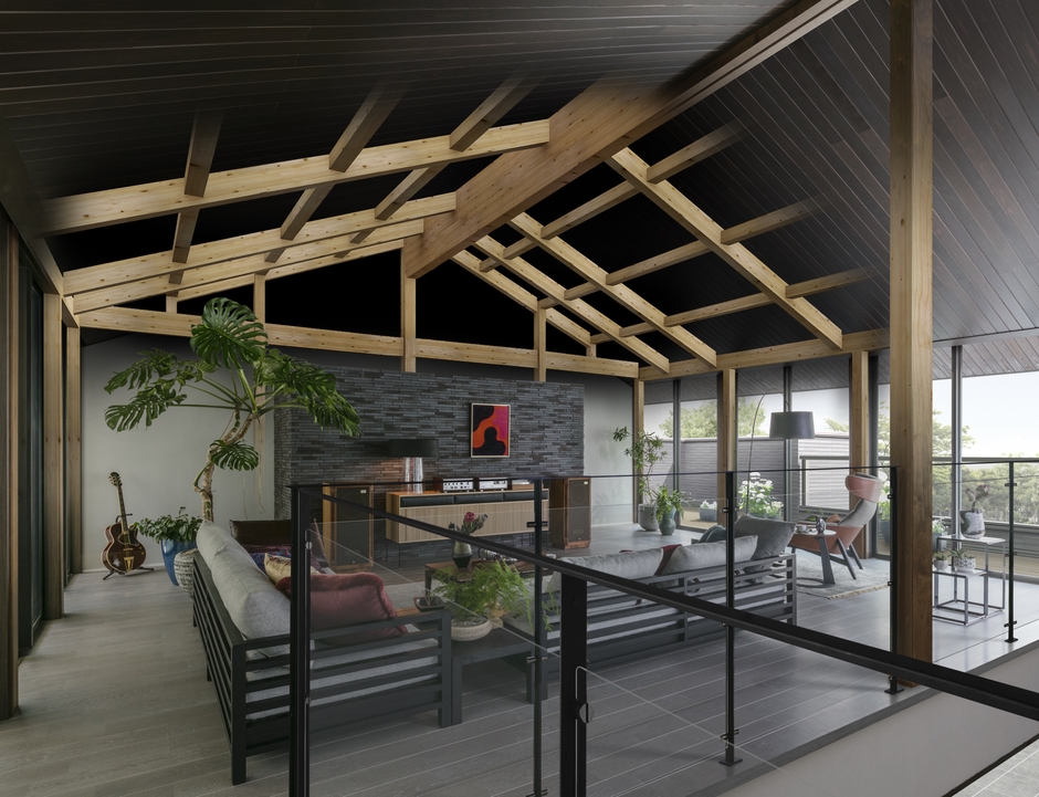 柱や梁と接合する小屋部材が出ないように工夫された『KOKAGE LOUNGE』の吹き抜け部分