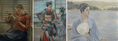 左:読書(明治24年〔1891〕)、中央:重要文化財 舞妓(明治26年〔1893〕)、右:重要文化財 湖畔(明治30年〔1897〕) ※いずれも黒田清輝筆、東京国立博物館所蔵