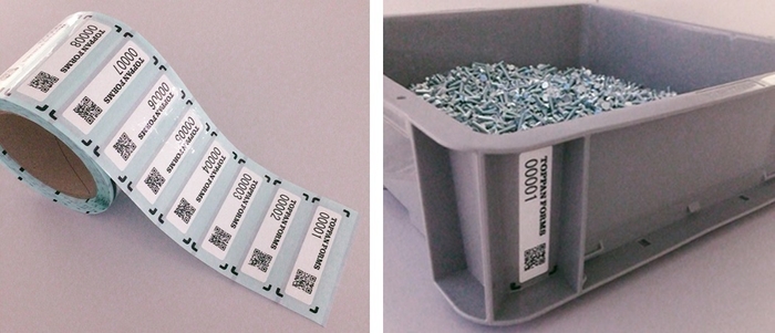 ロール状のオーバーフィルム一体型ICタグ(左)と、管理対象への貼付イメージ(右)。