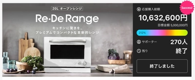 Makuakeで応援金額1,000万円突破！ 次世代のプレミアム×コンパクトオーブンレンジ 「Re・De Range」、2025年2月下旬より一般販売を開始！