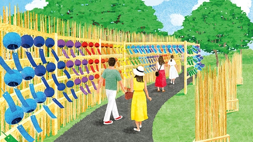 滋賀県 びわこ箱館山に「風鈴のよし小道」が7月18日オープン！ びわ湖の葦と“にじ色の風鈴882個”が彩るコラボレーション