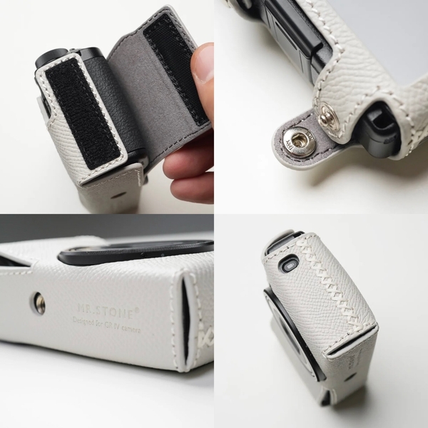 極薄のベルクロ面ファスナー、日本製の⾼品質スナップホックTHKを採用 底面にはロゴを刻印、サイドシームは手縫いによるクロスステッチ仕上げ