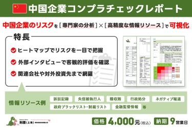 リスクモンスターチャイナ、新サービス 「中国企業コンプラチェックレポート」を提供開始