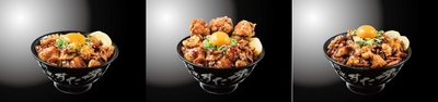左から『すたみなWホルモン焼肉丼』『唐揚げ合盛りすたみなWホルモン焼肉丼』『すたみな特盛Wホルモン焼肉丼』 ※写真は全て黒シリーズとなります