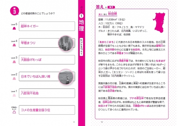 左・問題ページ、右・解答ページ。帯にあるしおりを切り取って、答えを隠しながら考えればさながらクイズ番組のように楽しく学べます。