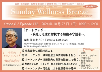 《医師・歯科医師・薬剤師向け》 無料オンラインセミナー 10/27(日)朝10時開催　 『オートファジー ～疾患と老化に対抗する細胞の守護者～』