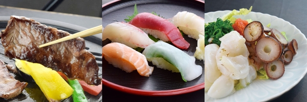 牛鉄板・握り寿司・たこポン酢