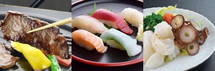 牛鉄板・握り寿司・たこポン酢