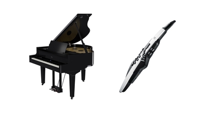 当日演奏する製品の一例　デジタル・グランドピアノ「GP-9」(左)、電子管楽器「エアロフォン AE-20」(右)