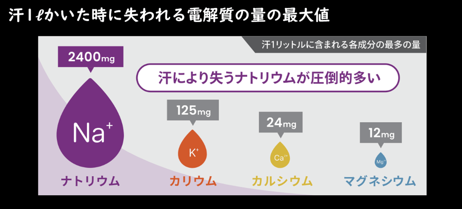 汗1リットルかいた時に失われる電解質の量の最大値