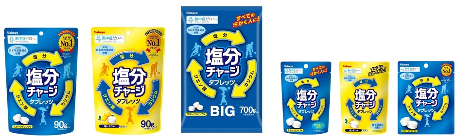 画像：左より 　『塩分チャージタブレッツ』『塩分チャージタブレッツ 塩レモン』 　『塩分チャージタブレッツ　BIG』 　『塩分チャージタブレッツ　パーソナル』　『塩分チャージタブレッツ　パーソナル　塩レモン』 　『塩分チャージタブレッツ　ポケット』