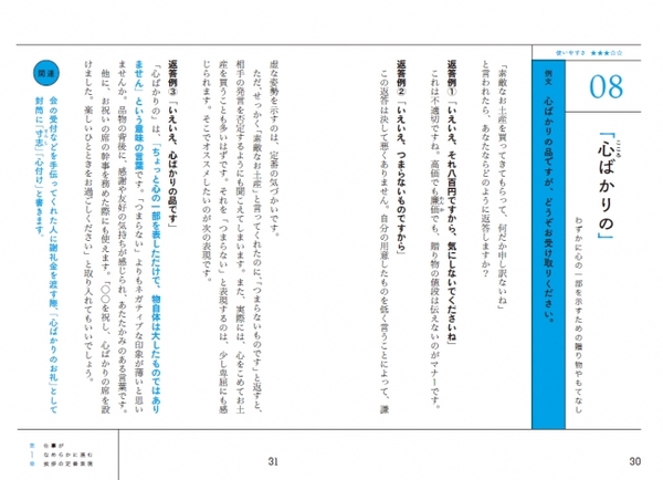 右上には各章とも、実生活に降り入れやすい順に★をつけました。★５つは若手でも使いこなしたい言葉、★３～４つは30、40代の人に使いこなしてほしい言葉、★２つ以下は書面、スピーチなどのあらたまった場面に。ほかにも例文や類義語、対義語などの関連情報も掲載。