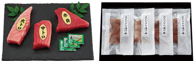 黒門市場<新魚栄>近大マグロセット(左)、黒門市場<新魚栄>近大マグロ漬け丼セット(右)
