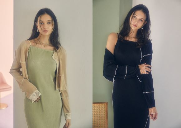 プリーツメロウキャミソールワンピース THE PLEATS MELLOW CAMISOLE DRESS ¥14,300(税込)BLACK/PISTACHIO プリーツメロウカーディガン THE PLEATS MELLOW CARDIGAN ¥ 13,200(税込)BLACK/BEIGE FREEサイズ