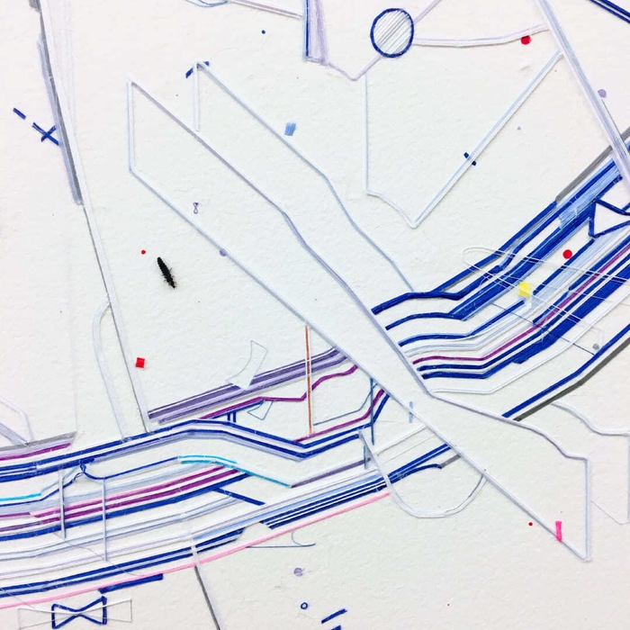 Detail: Bug report (Circuit), 2022 Cotton thread & silk thread, copper thread, Caran d'ache on paper (c) ADAGP Keita Mori Courtesy the artist and rin art association, Takasaki