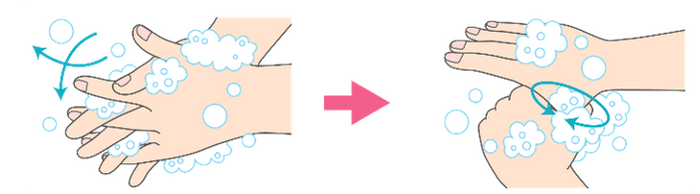 2. 手のひらと甲、指の間を洗う
