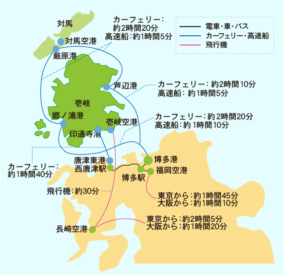 壱岐島へのアクセス(星マークが壱岐イルカパーク)