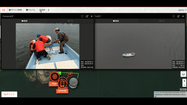 水難事故を想定した訓練。現場の映像（左）および空からのドローン映像（右）を、同じ画面で本部から確認することができます。（令和元年度 諏訪湖安全対策警察連絡協議会合同水難救助訓練より）