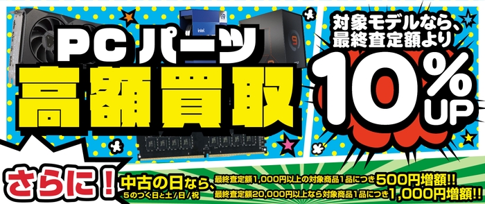 「PCパーツ 高額買取キャンペーン」 当社指定PCパーツ(CPU・メモリ・グラボ)の買取りが最終査定額から10%増額!