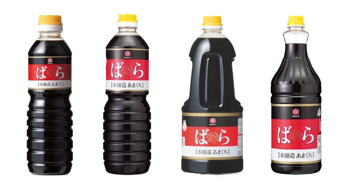 「ばら本醸造あまくち醤油」シリーズ　(左から)500ml、1L、1.5L、1.8L