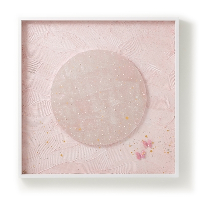 神戸の廃棄パールを使用した作品 「FULL MOON LOVE」H100cm W100cm 越前和紙、墨、金銀泥、真珠