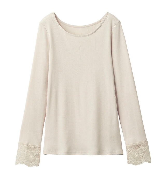 商品概要 綿100%あったかリブカットソー・クルーネック袖レースレディース