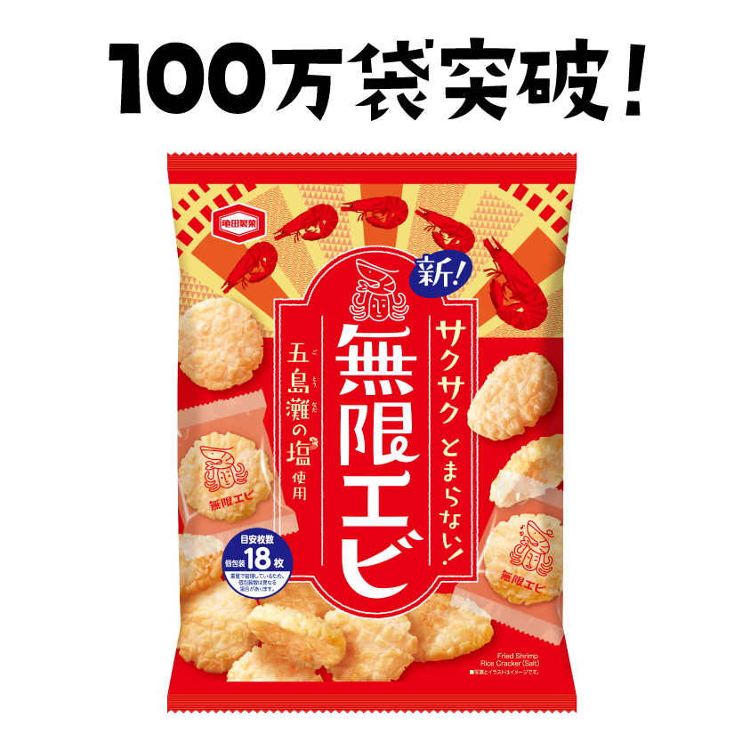 亀田製菓 過去 5 年間の商品中で堂々の最速記録を樹立※ 『無限エビ』わずか 1 週間で販売数 100 万袋達成！