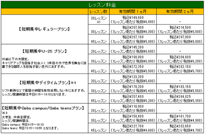 2021Gaba 夏の短期集中プラン料金表