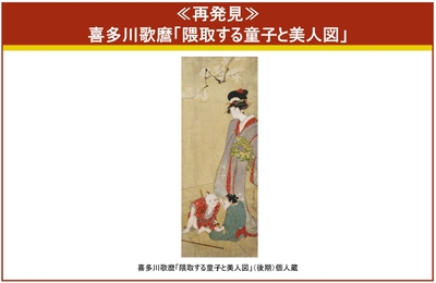 ▲≪再発見≫喜多川歌麿「隈取する童子と美人図」(後期)個人蔵　桜の枝の下、隈取りをする子どもたちと、その光景を微笑ましく眺める女性が描かれています。