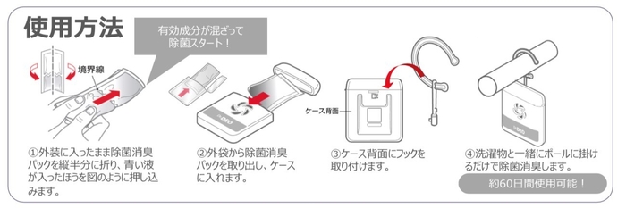 除菌液を混ぜ、セットしハンガーなどに吊しておくだけ。コンパクトで使いやすい。