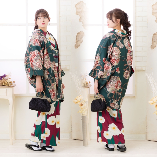 矢羽根に菊 赤紫色