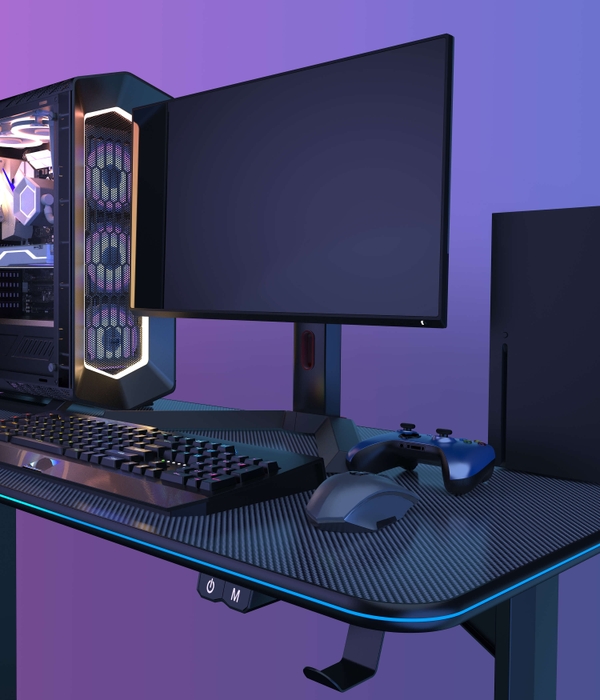 (側面が光るLEDライト搭載ゲーミングデスク設置イメージ)