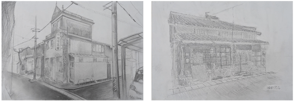 ＜2年生＞歩いて気になった旧市街地建物のデッサン（1年時制作）