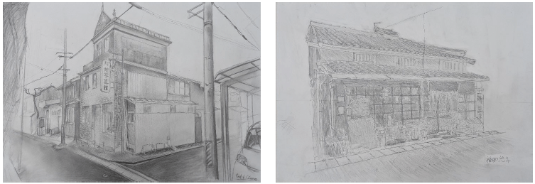 ＜2年生＞歩いて気になった旧市街地建物のデッサン（1年時制作）