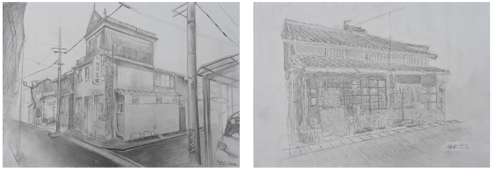 <2年生>歩いて気になった旧市街地建物のデッサン(1年時制作)