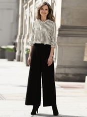 袖リボンストライプブラウス/ウエストボタンワイドパンツ